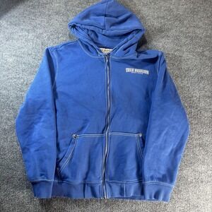 True Religion Hoodie Mens XL Blue Full Zip Fleece Big U Horseshoe Back Graphic